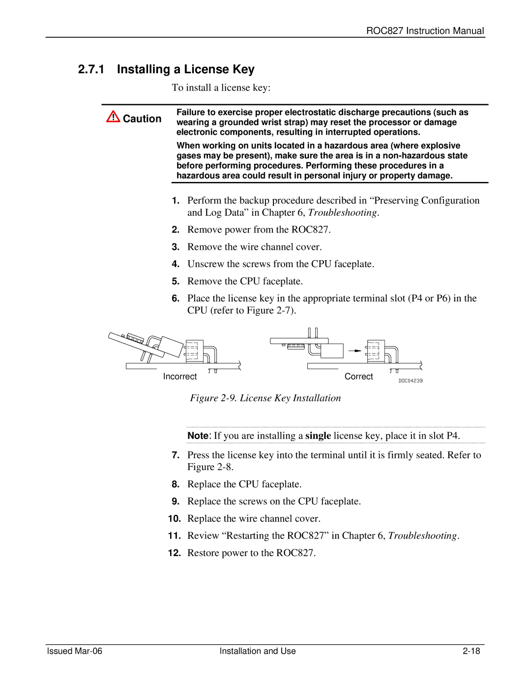 Emerson ROC827 instruction manual Installing a License Key, Incorrect Correct 