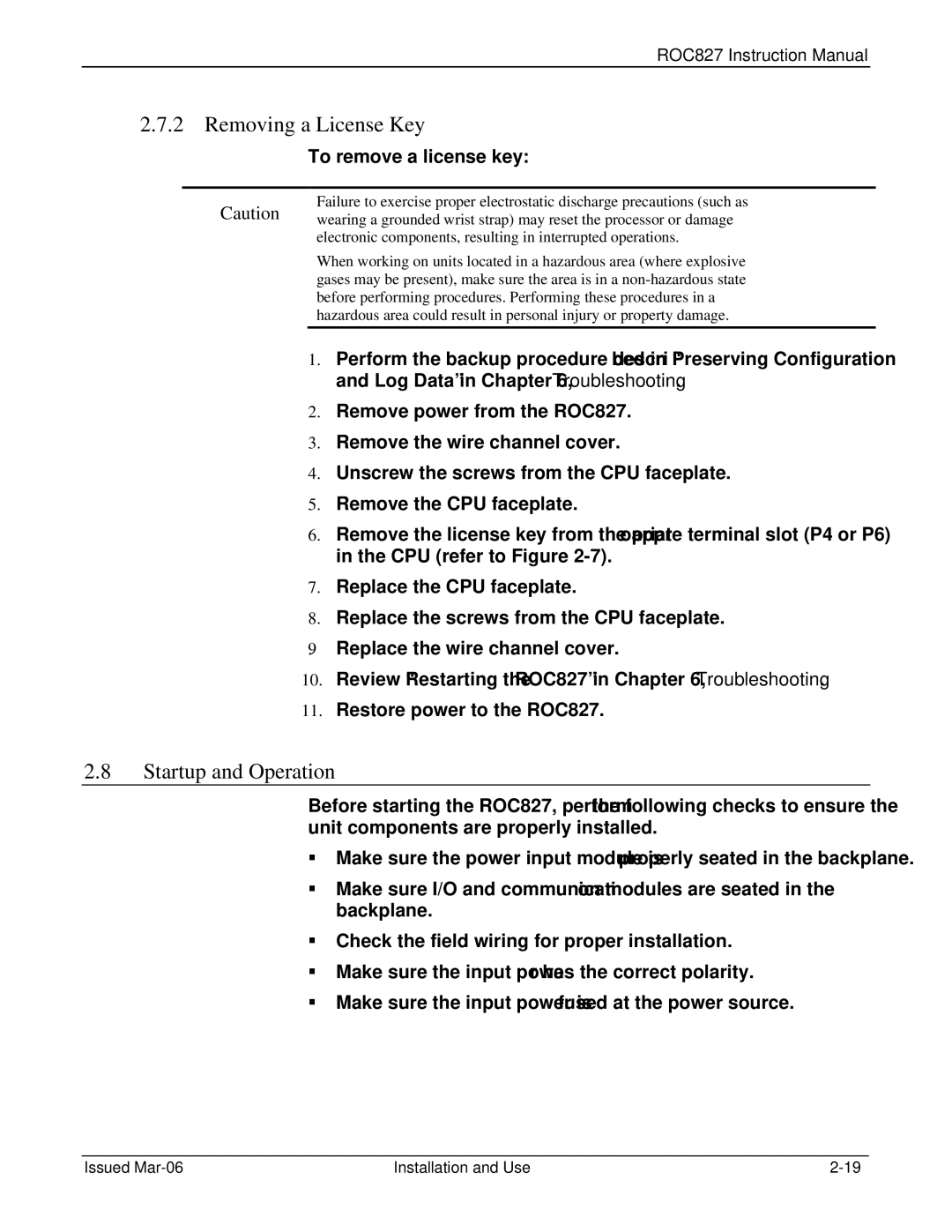 Emerson ROC827 instruction manual Removing a License Key, Startup and Operation, To remove a license key 