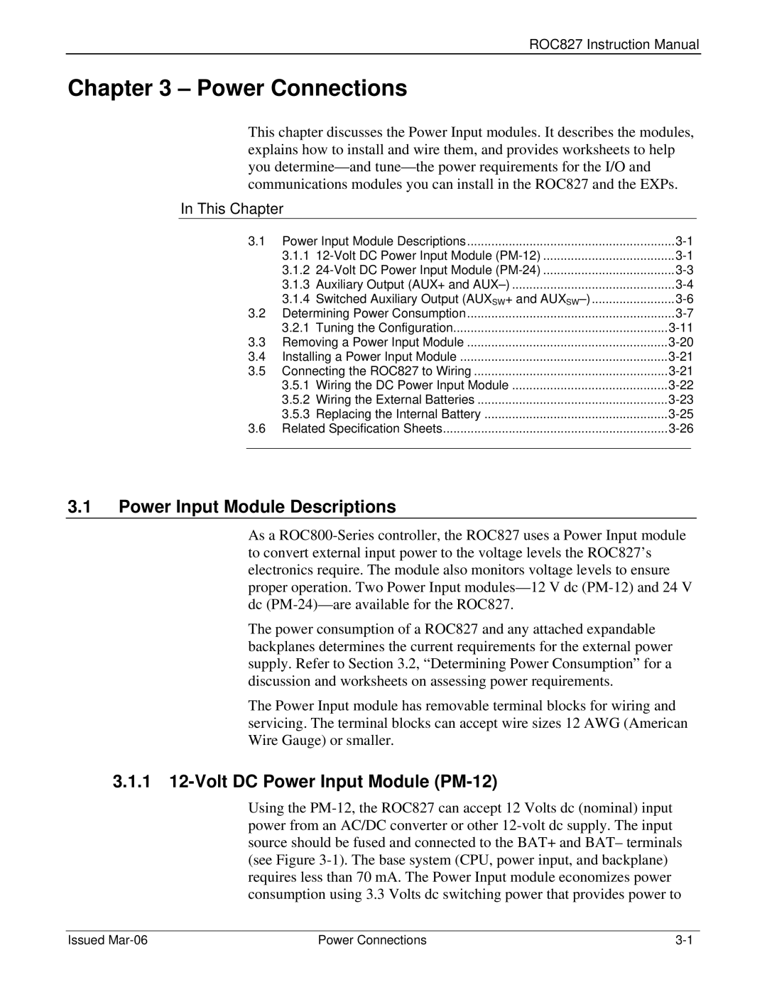 Emerson ROC827 Power Input Module Descriptions, 1 12-Volt DC Power Input Module PM-12, Issued Mar-06 Power Connections 