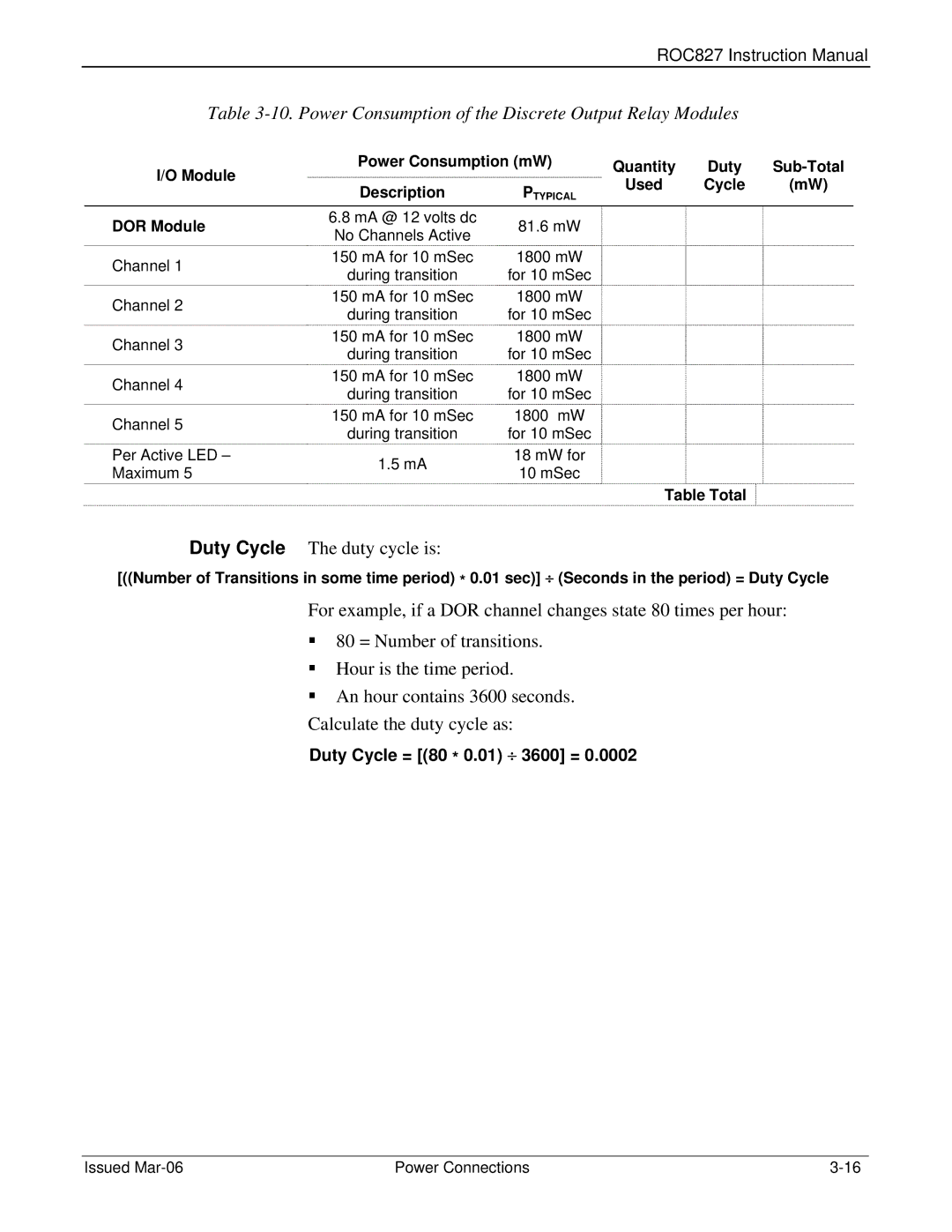 Emerson ROC827 instruction manual Power Consumption of the Discrete Output Relay Modules, DOR Module 