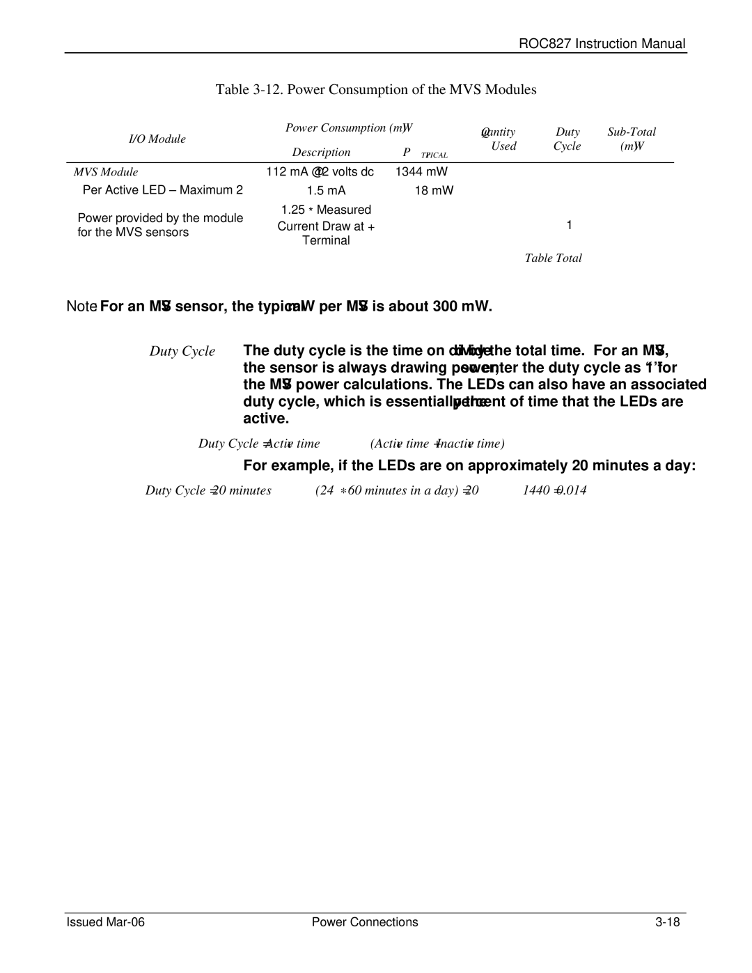 Emerson ROC827 instruction manual Power Consumption of the MVS Modules 