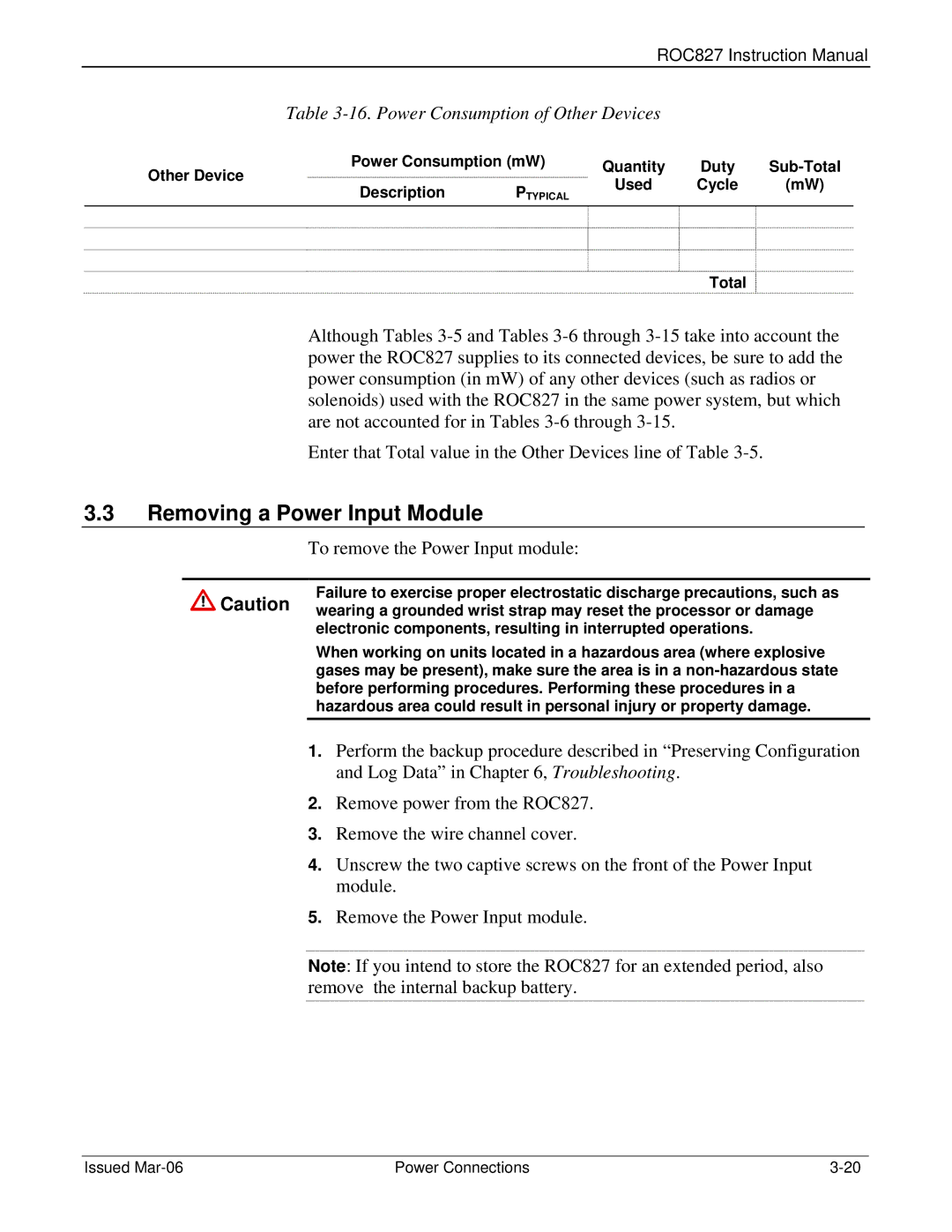 Emerson ROC827 instruction manual Removing a Power Input Module, Power Consumption of Other Devices, Total 