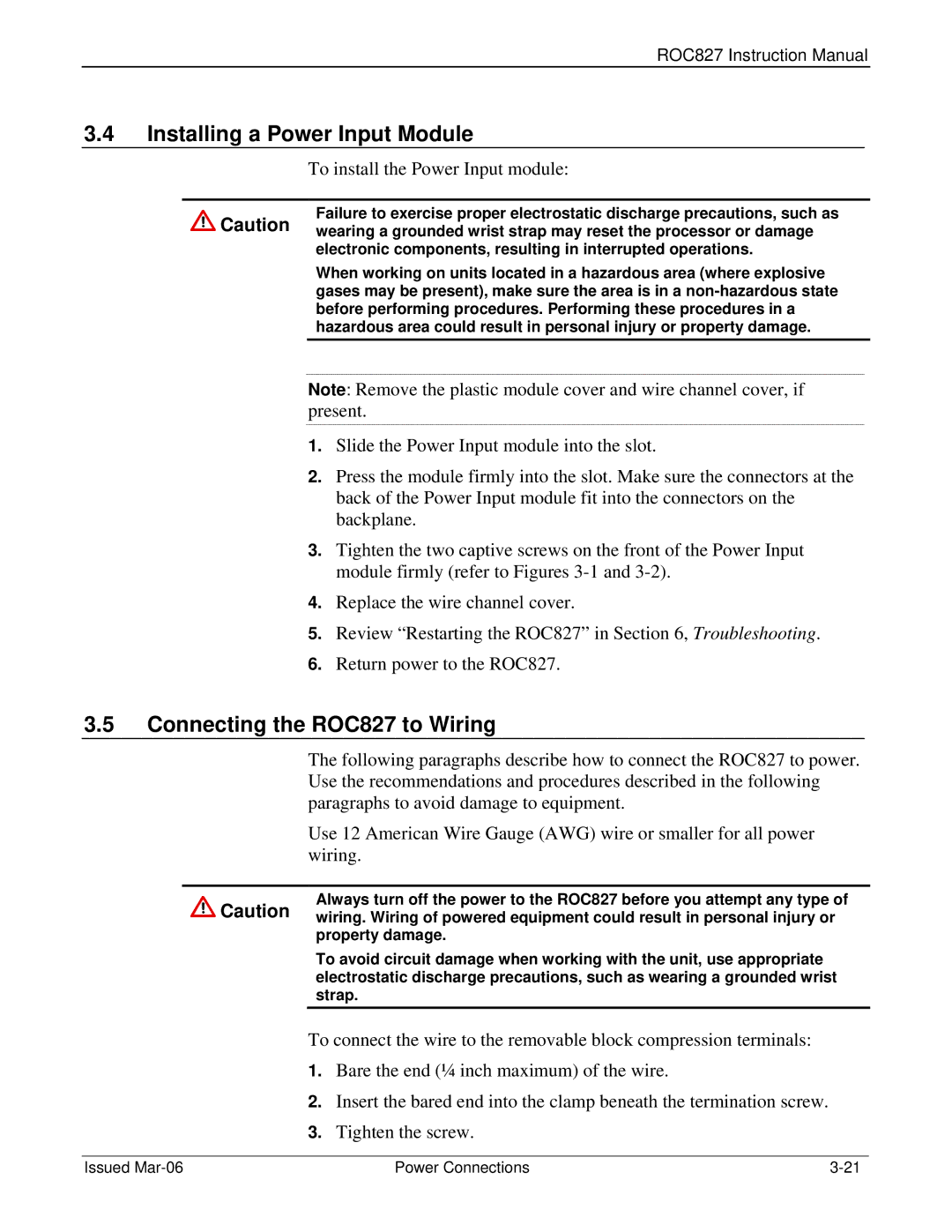 Emerson instruction manual Installing a Power Input Module, Connecting the ROC827 to Wiring, Property damage 