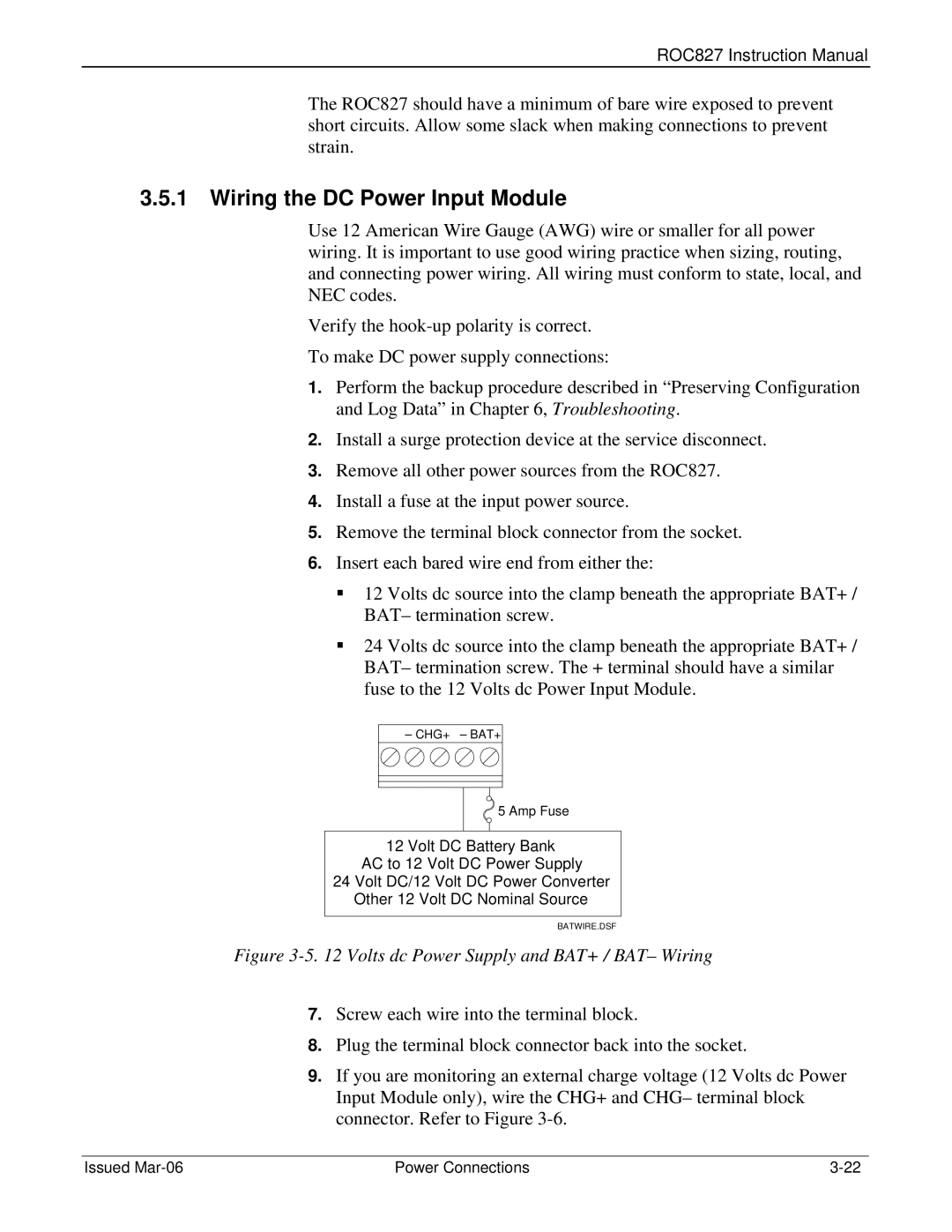 Emerson ROC827 instruction manual Wiring the DC Power Input Module, Volts dc Power Supply and BAT+ / BAT- Wiring 