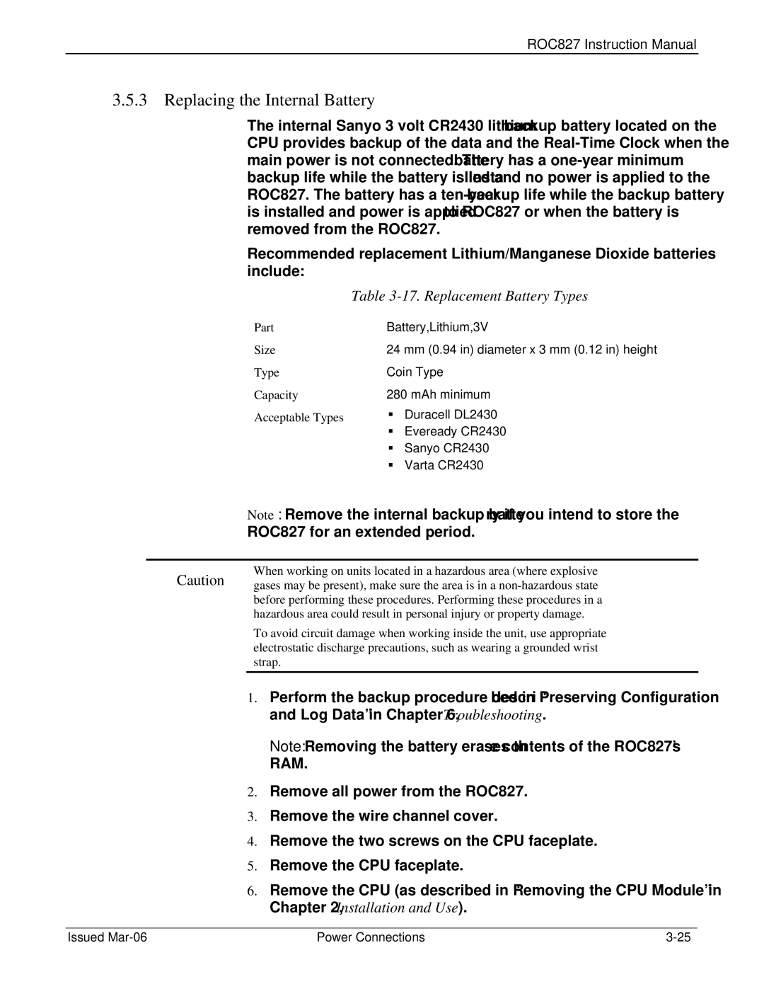 Emerson ROC827 instruction manual Replacing the Internal Battery, Replacement Battery Types 