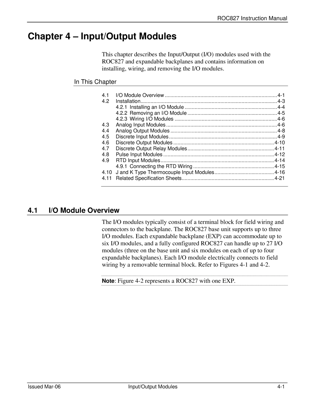 Emerson ROC827 instruction manual I/O Module Overview, Issued Mar-06 Input/Output Modules 