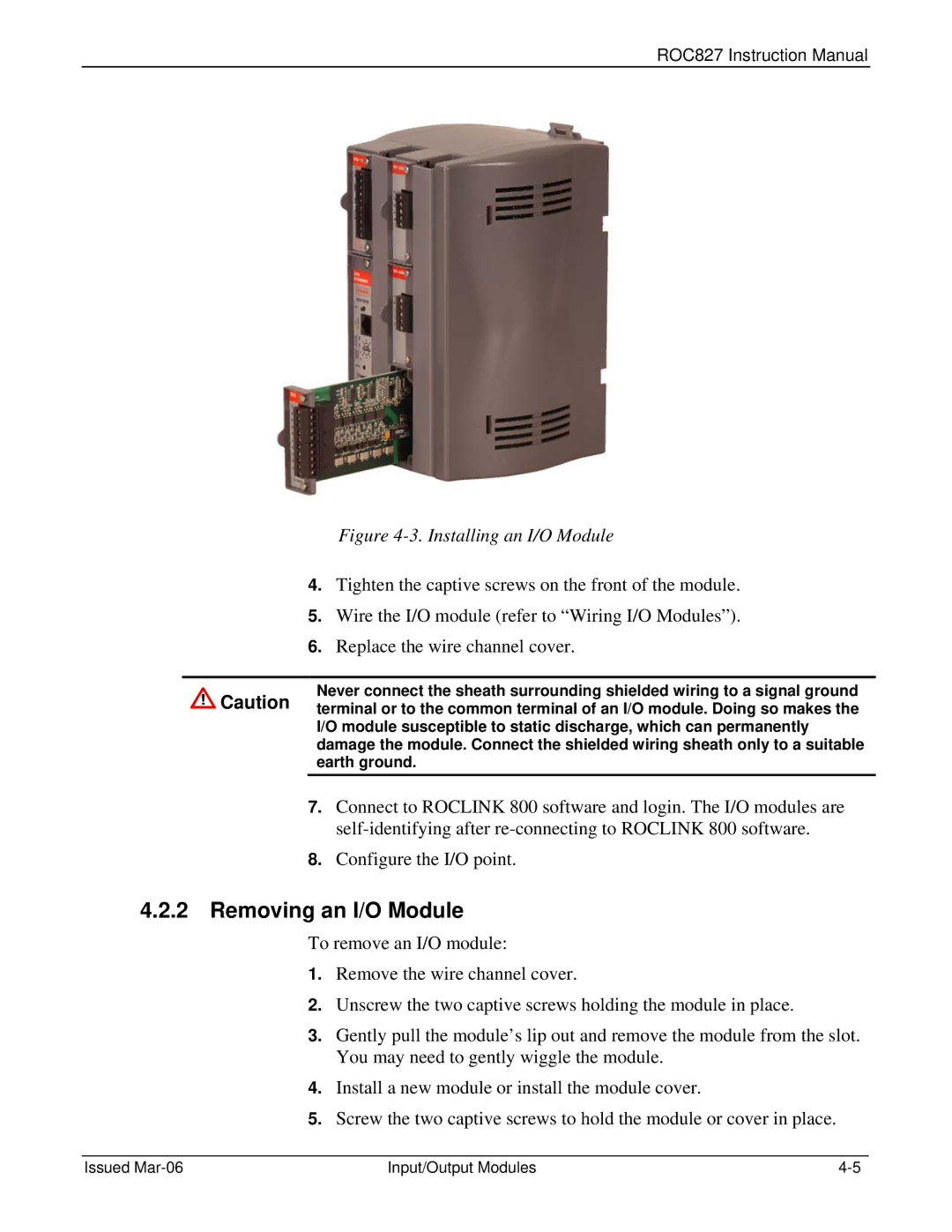 Emerson ROC827 instruction manual Removing an I/O Module, Earth ground 