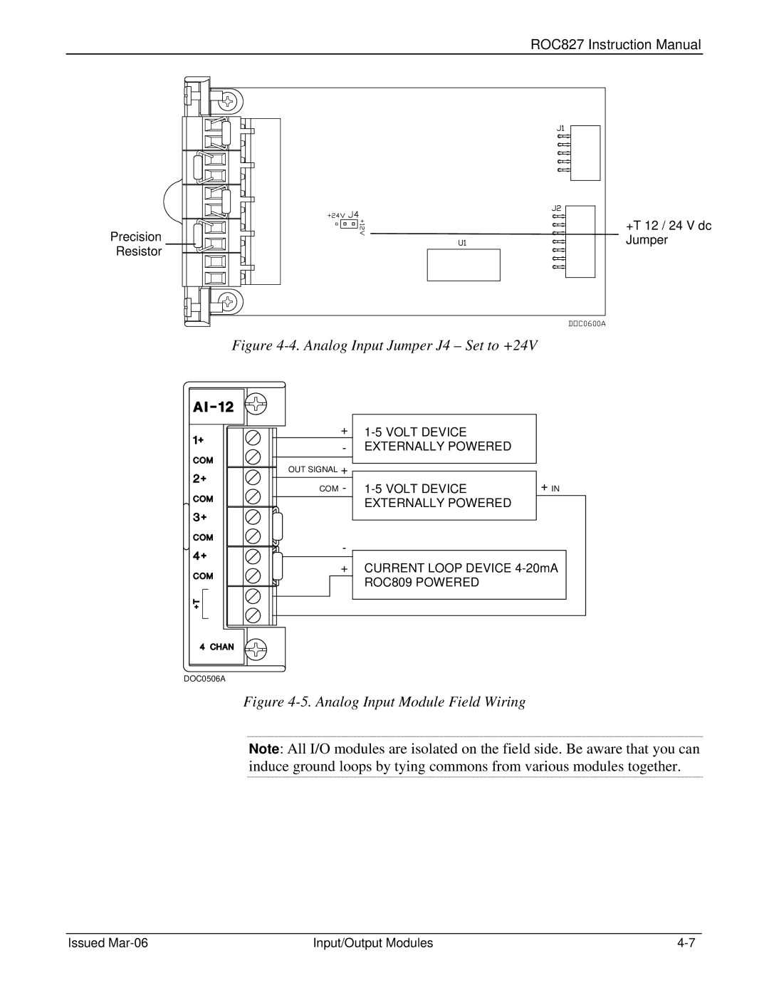 Emerson ROC827 instruction manual Precision +T 12 / 24 V dc Jumper Resistor, Current Loop Device 4-20mA 