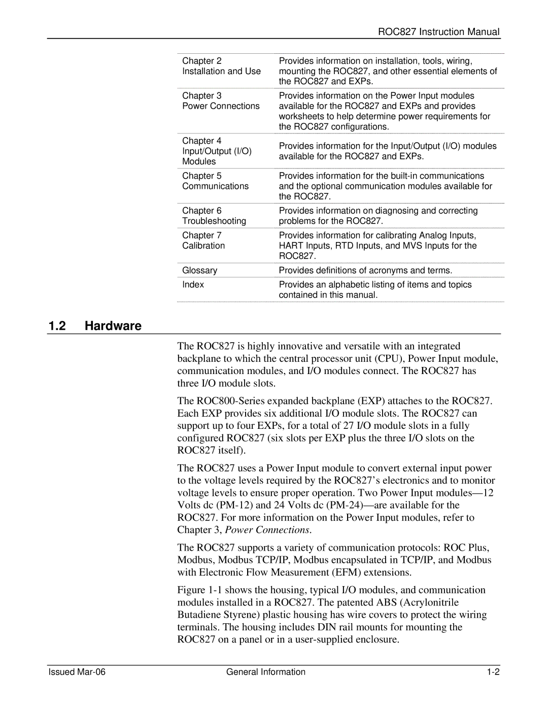 Emerson ROC827 instruction manual Hardware, Issued Mar-06 General Information 