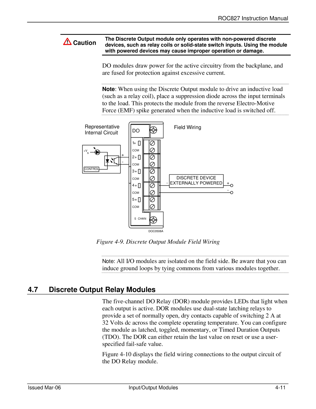 Emerson ROC827 Discrete Output Relay Modules, With powered devices may cause improper operation or damage 