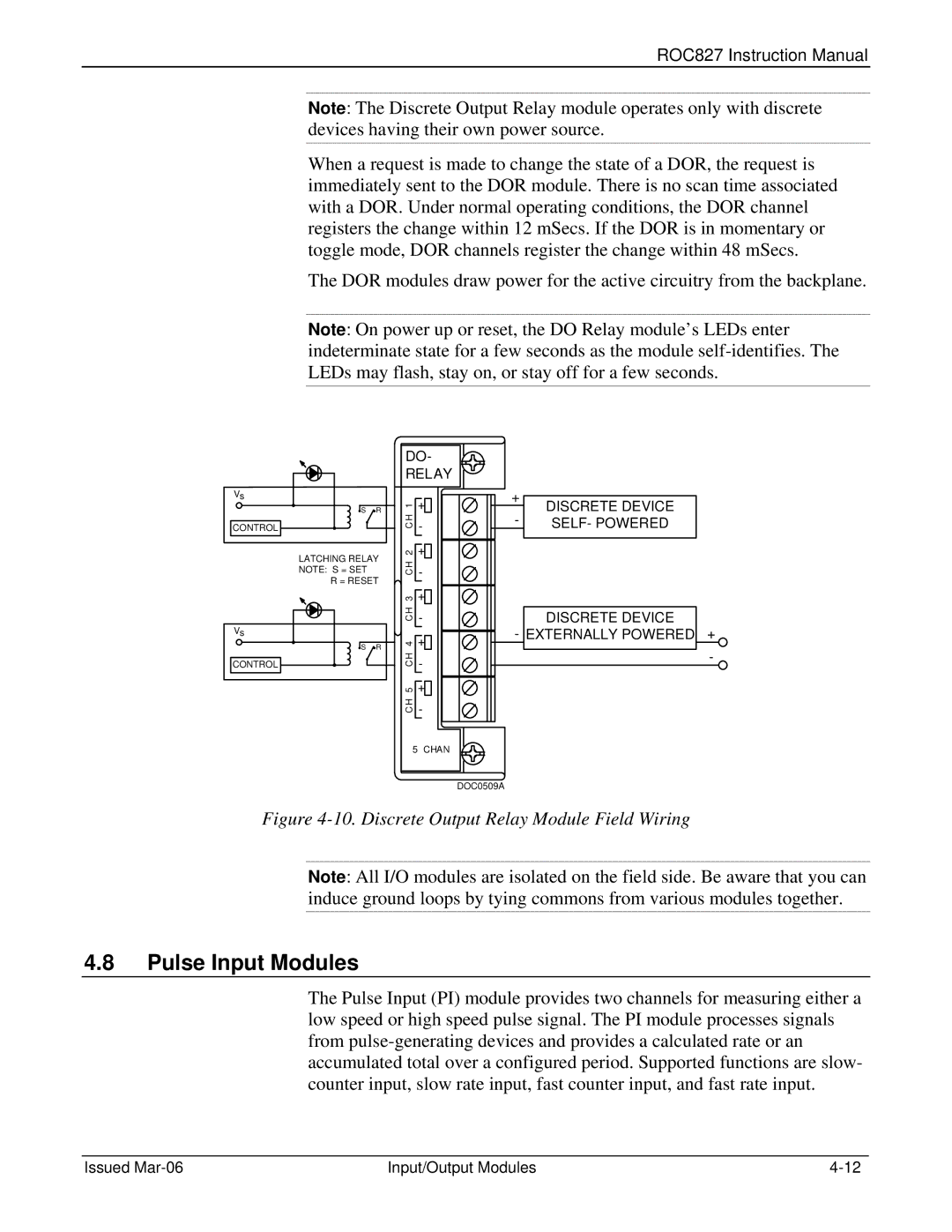 Emerson ROC827 instruction manual Pulse Input Modules, Discrete Output Relay Module Field Wiring 