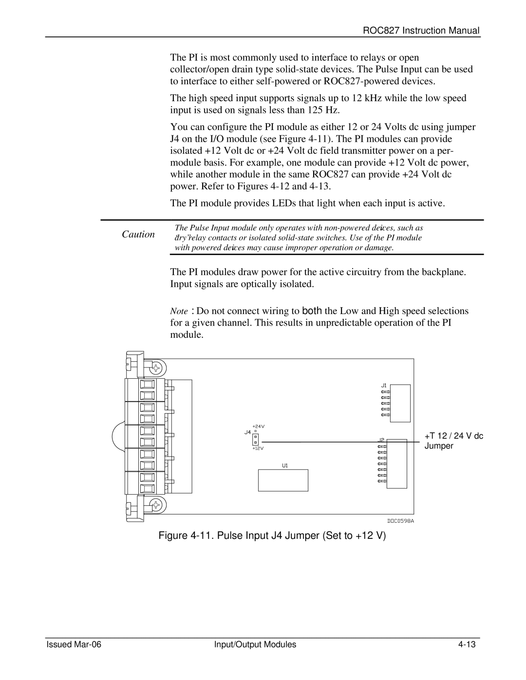 Emerson ROC827 instruction manual Pulse Input J4 Jumper Set to +12 