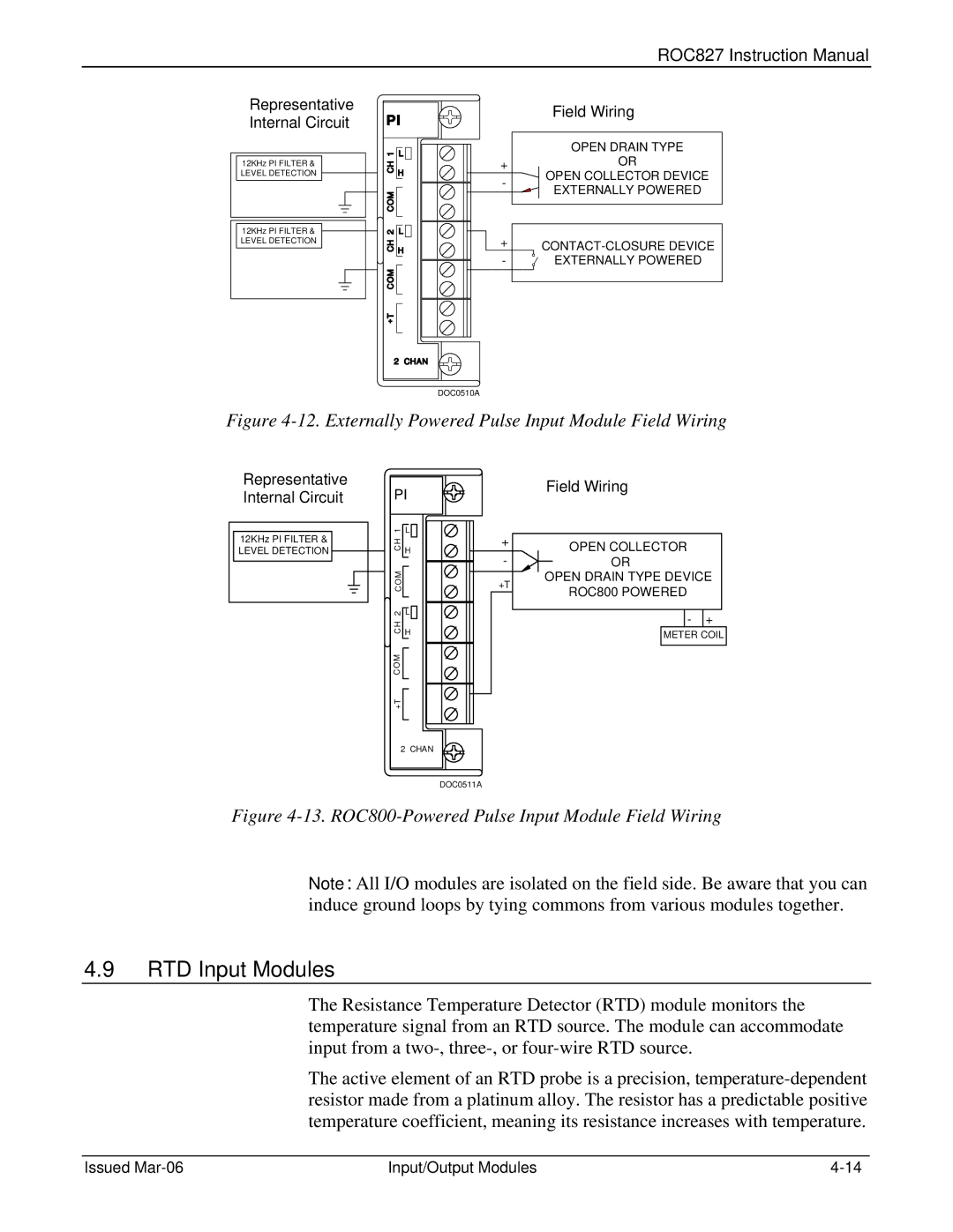 Emerson ROC827 instruction manual RTD Input Modules, Representative Field Wiring Internal Circuit 