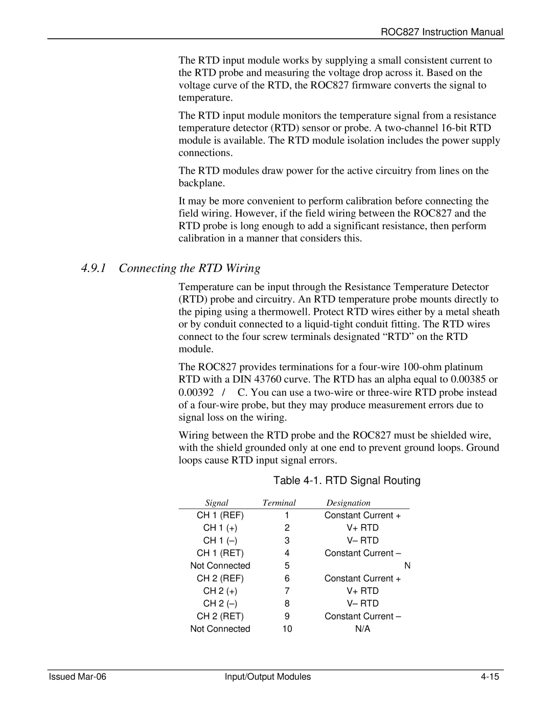 Emerson ROC827 instruction manual Connecting the RTD Wiring, RTD Signal Routing, Signal Terminal Designation 