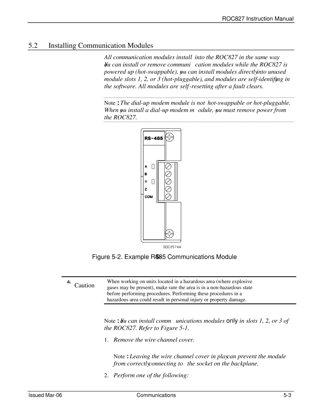 Emerson ROC827 instruction manual Installing Communication Modules, Example RS-485 Communications Module 