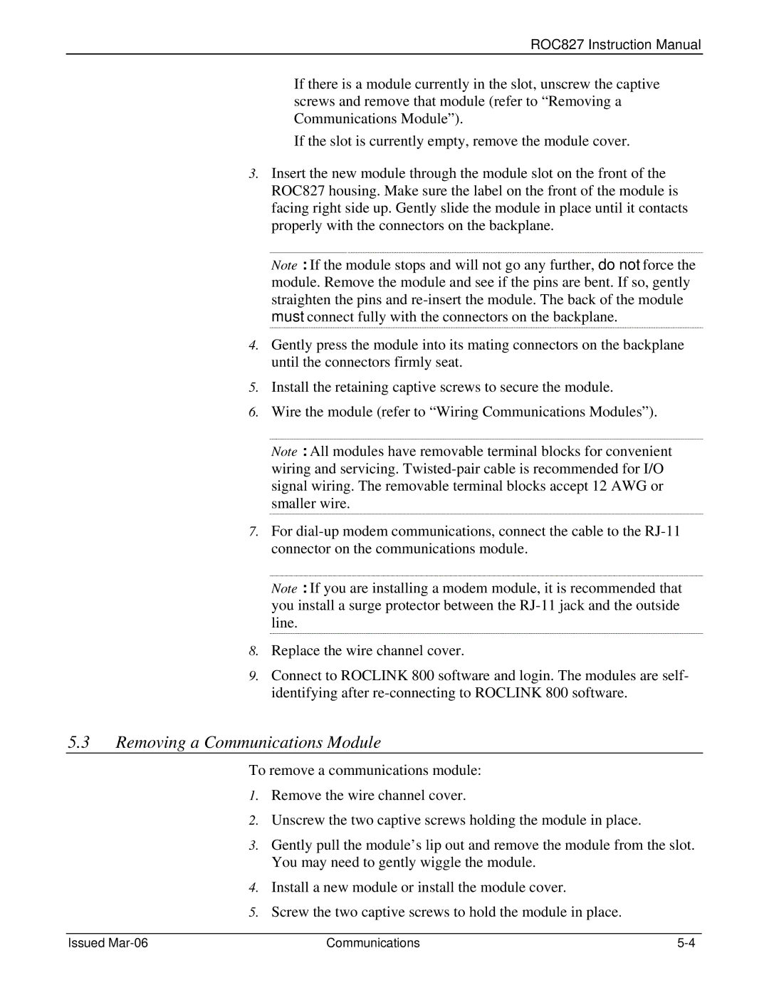 Emerson ROC827 instruction manual Removing a Communications Module 