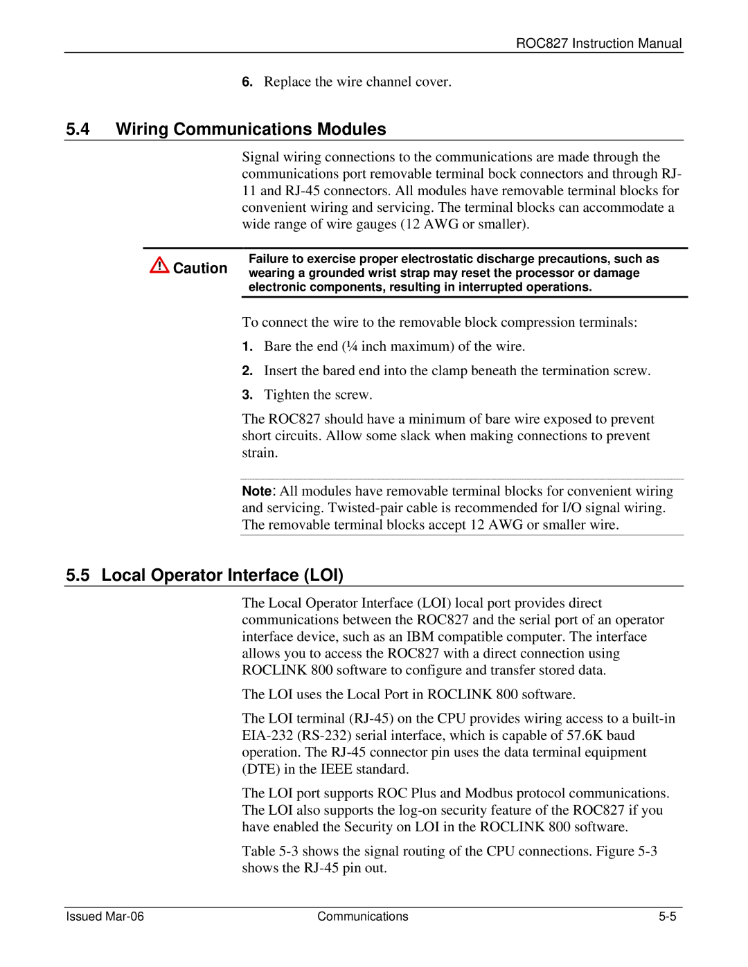 Emerson ROC827 instruction manual Wiring Communications Modules, Local Operator Interface LOI 