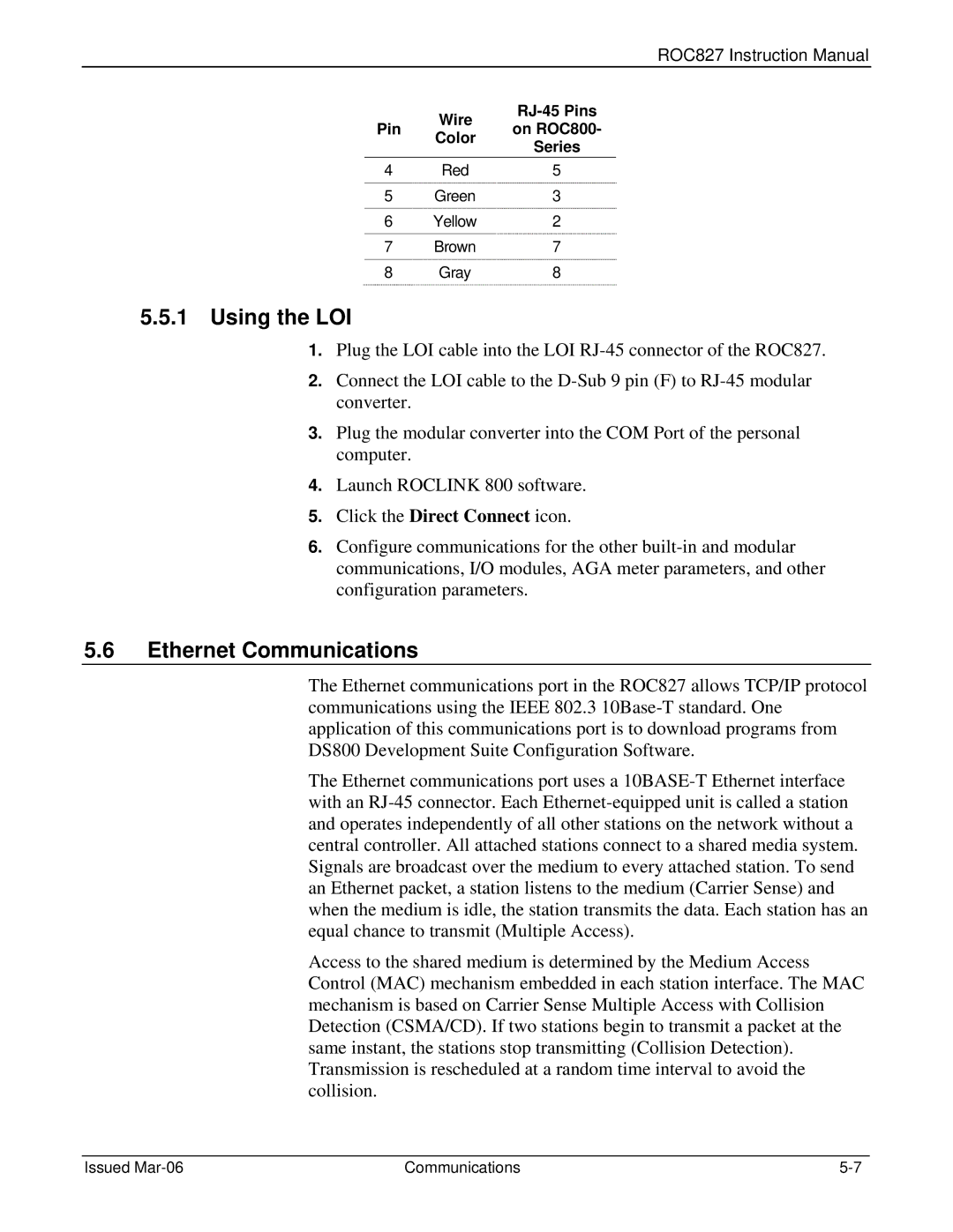 Emerson ROC827 instruction manual Using the LOI, Ethernet Communications, Red Green, Brown Gray 