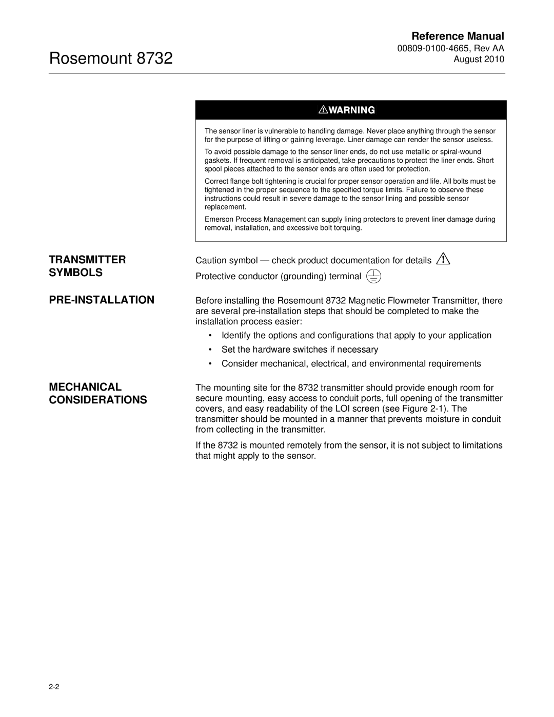 Emerson Rosemount 8732 manual Transmitter Symbols PRE-INSTALLATION, Mechanical Considerations 