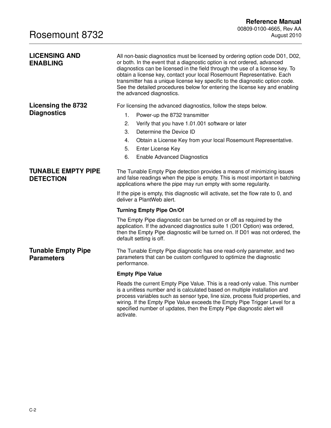 Emerson Rosemount 8732 manual Licensing and Enabling, Licensing the 8732 Diagnostics, Tunable Empty Pipe Detection 