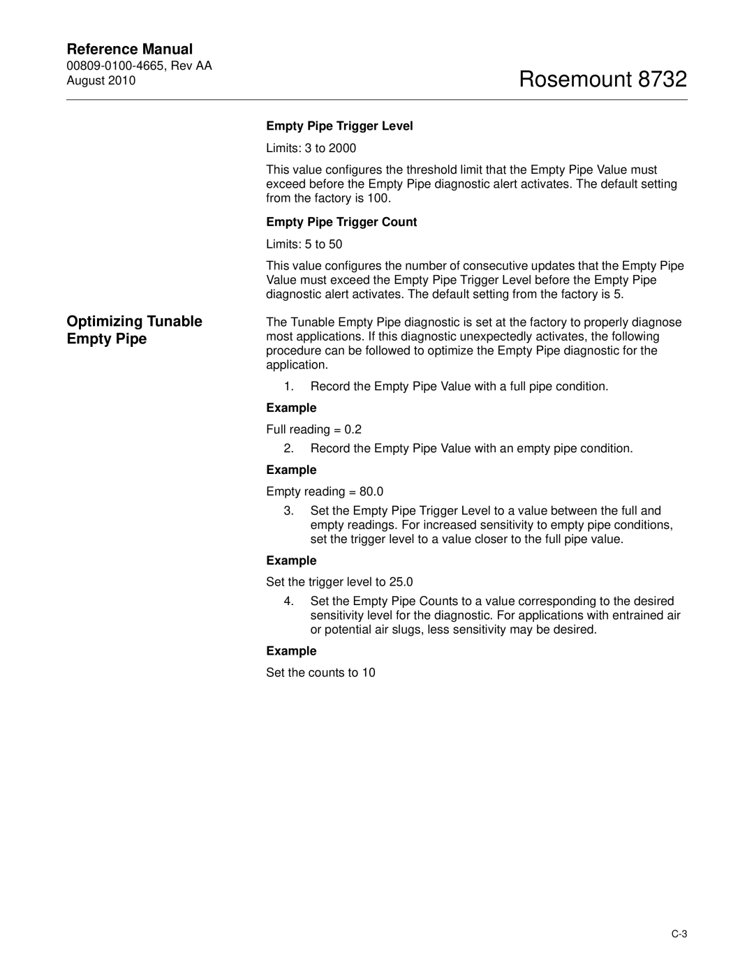 Emerson Rosemount 8732 manual Optimizing Tunable Empty Pipe, Empty Pipe Trigger Level, Empty Pipe Trigger Count, Example 