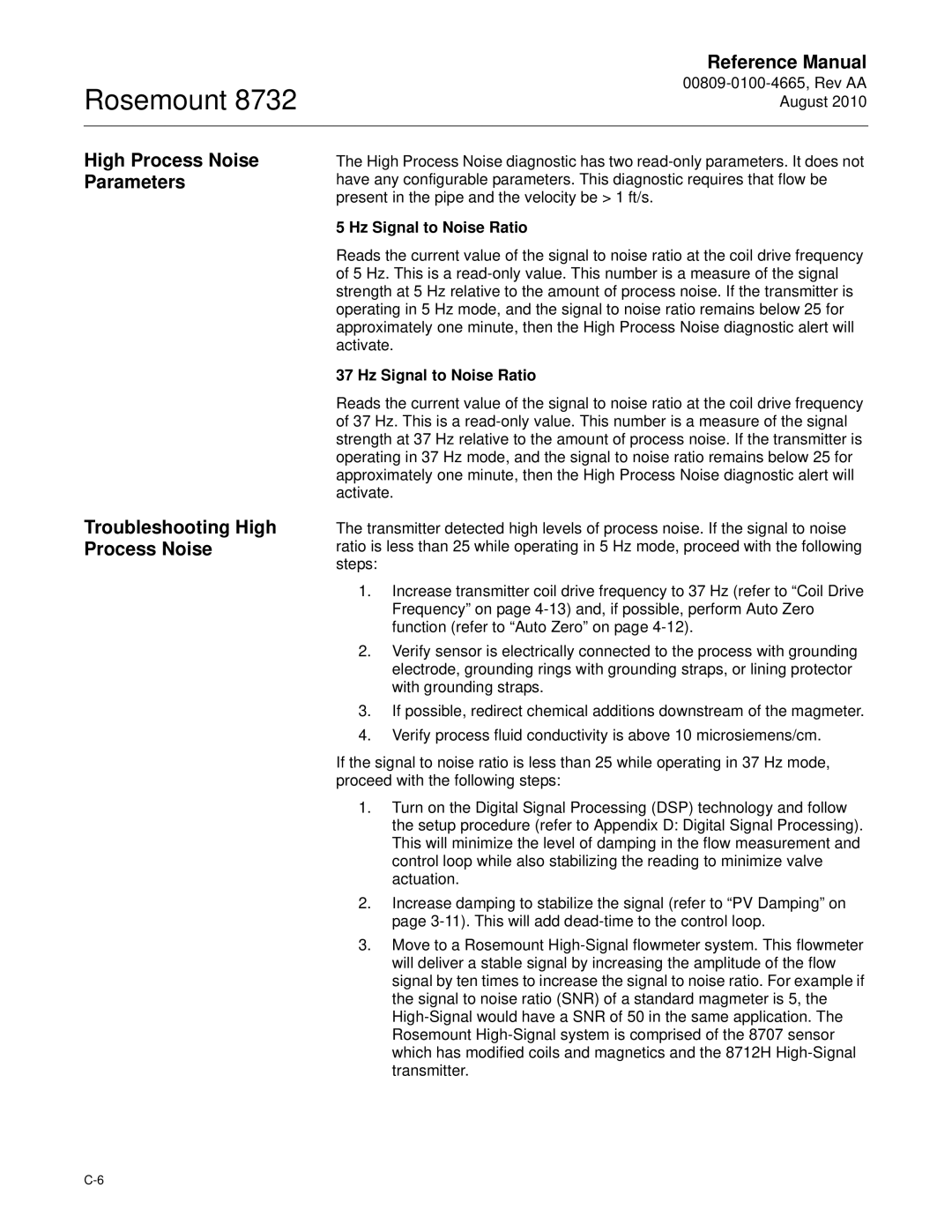 Emerson Rosemount 8732 manual Hz Signal to Noise Ratio 