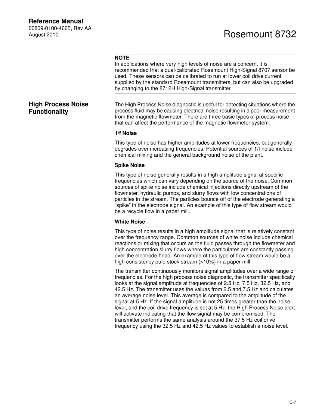 Emerson Rosemount 8732 manual High Process Noise Functionality, Spike Noise, White Noise 