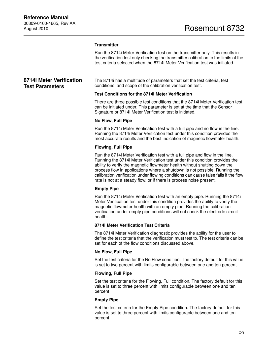 Emerson Rosemount 8732 manual 8714i Meter Verification Test Parameters 