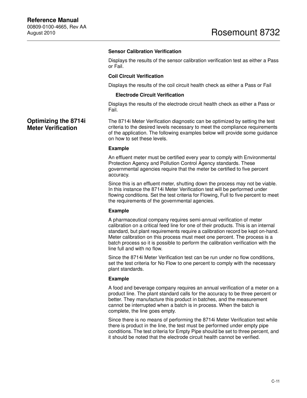 Emerson Rosemount 8732 Optimizing the 8714i Meter Verification, Sensor Calibration Verification, Coil Circuit Verification 