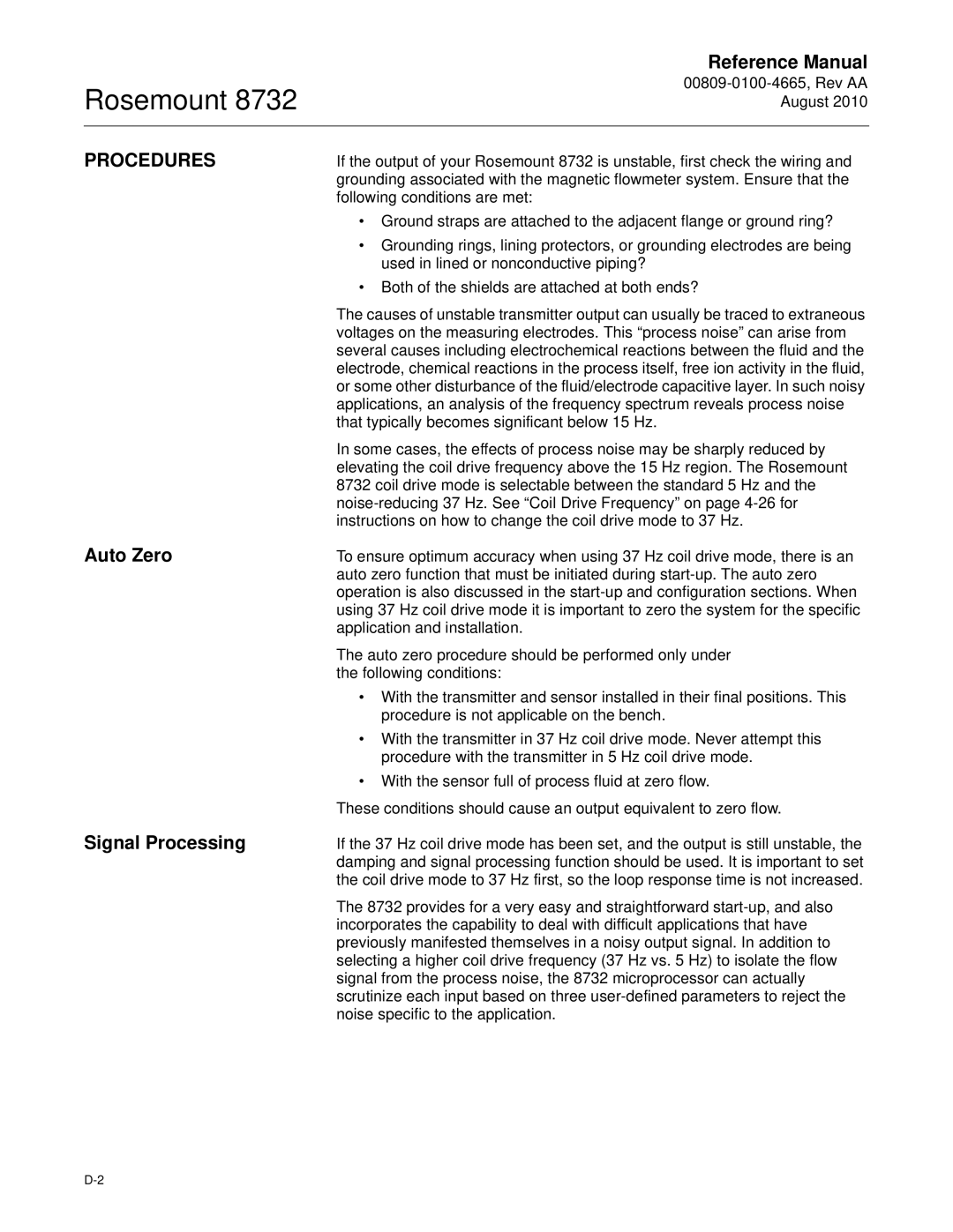 Emerson Rosemount 8732 manual Procedures, Auto Zero 