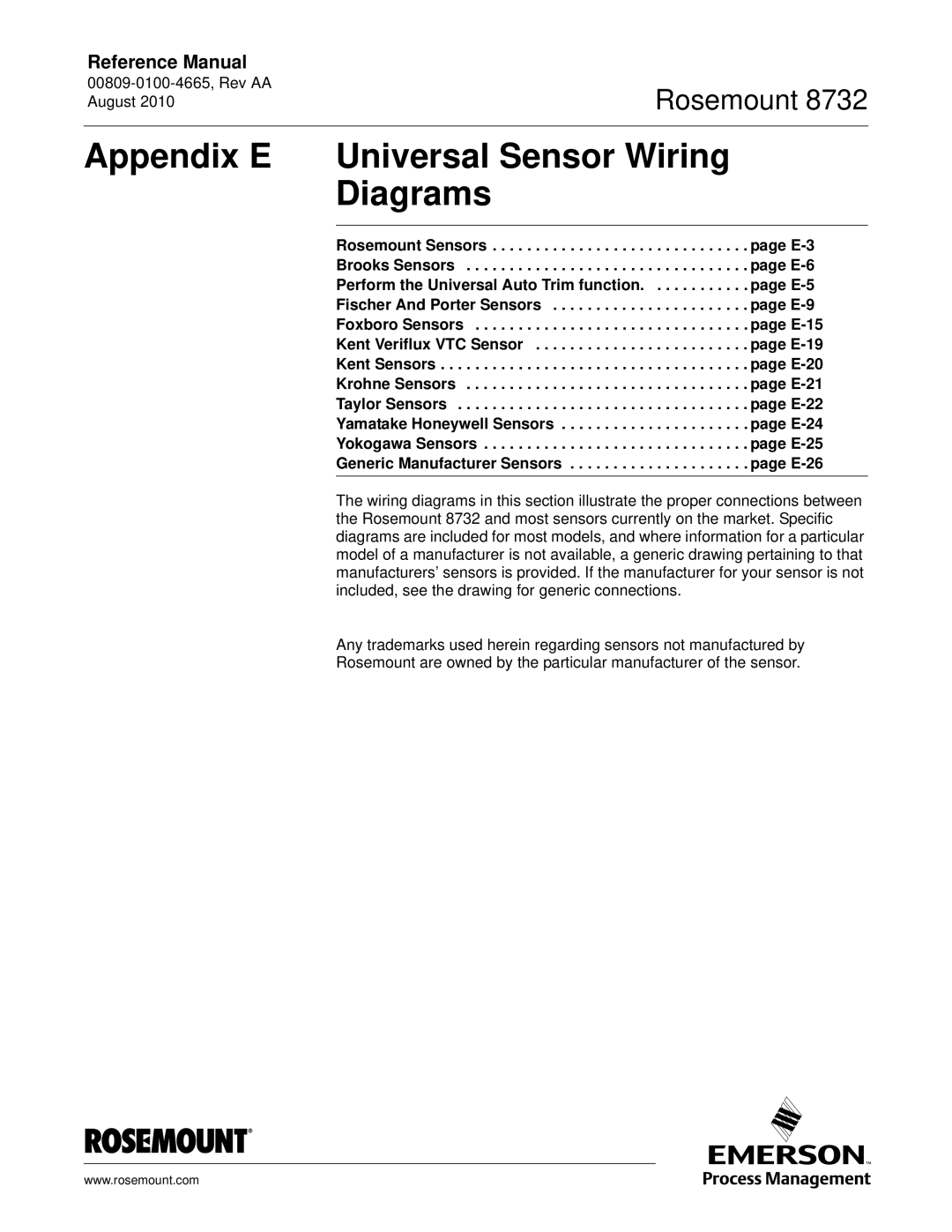 Emerson Rosemount 8732 manual Appendix E Universal Sensor Wiring Diagrams 