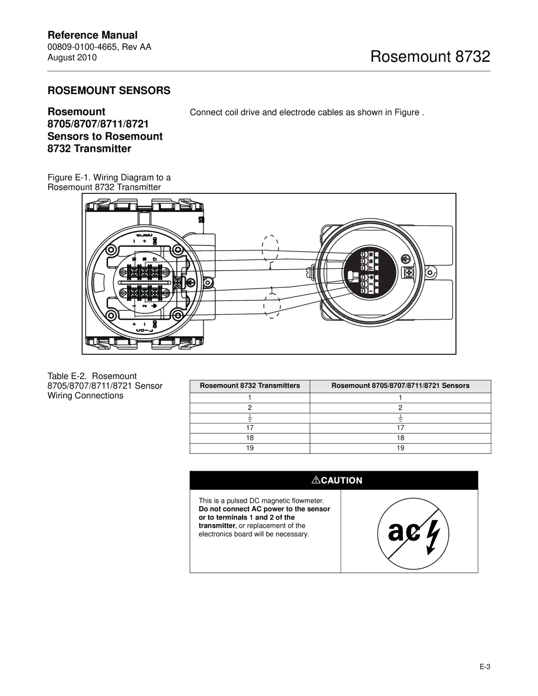 Emerson Rosemount 8732 manual Rosemount Sensors, 8705/8707/8711/8721 Sensors to Rosemount Transmitter 