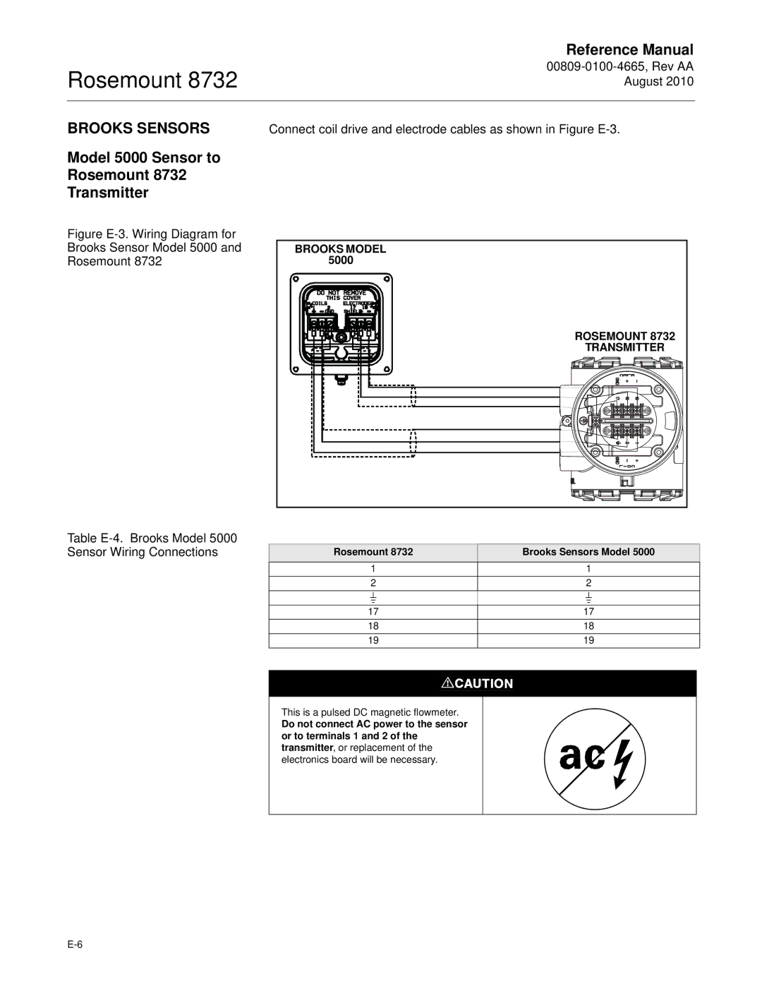 Emerson manual Model 5000 Sensor to Rosemount 8732 Transmitter, Brooks Model, Rosemount Brooks Sensors Model 