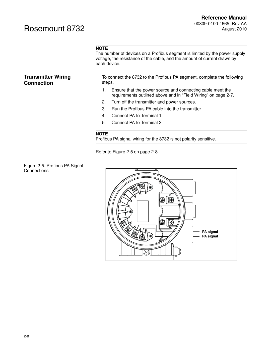 Emerson Rosemount 8732 manual Transmitter Wiring Connection, Profibus PA Signal Connections Refer to -5 on 