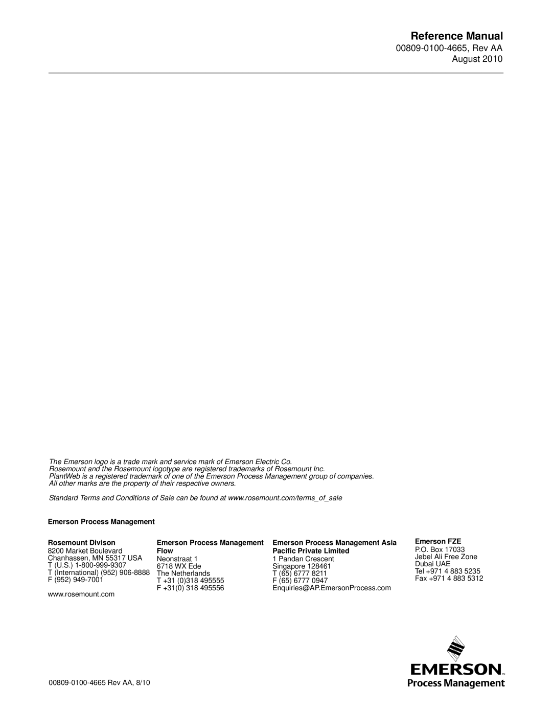 Emerson Rosemount 8732 manual Rosemount Divison, Flow Pacific Private Limited, Emerson FZE 