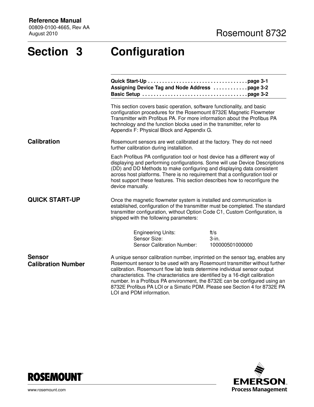 Emerson Rosemount 8732 manual Section Configuration, Quick START-UP, Sensor Calibration Number 