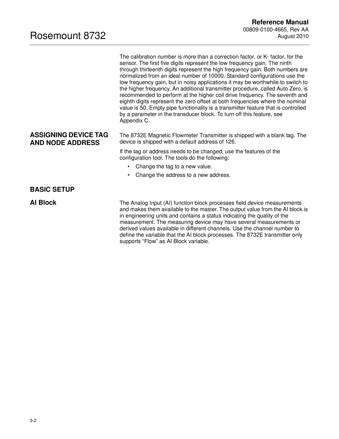 Emerson Rosemount 8732 manual Assigning Device TAG and Node Address, Basic Setup AI Block 