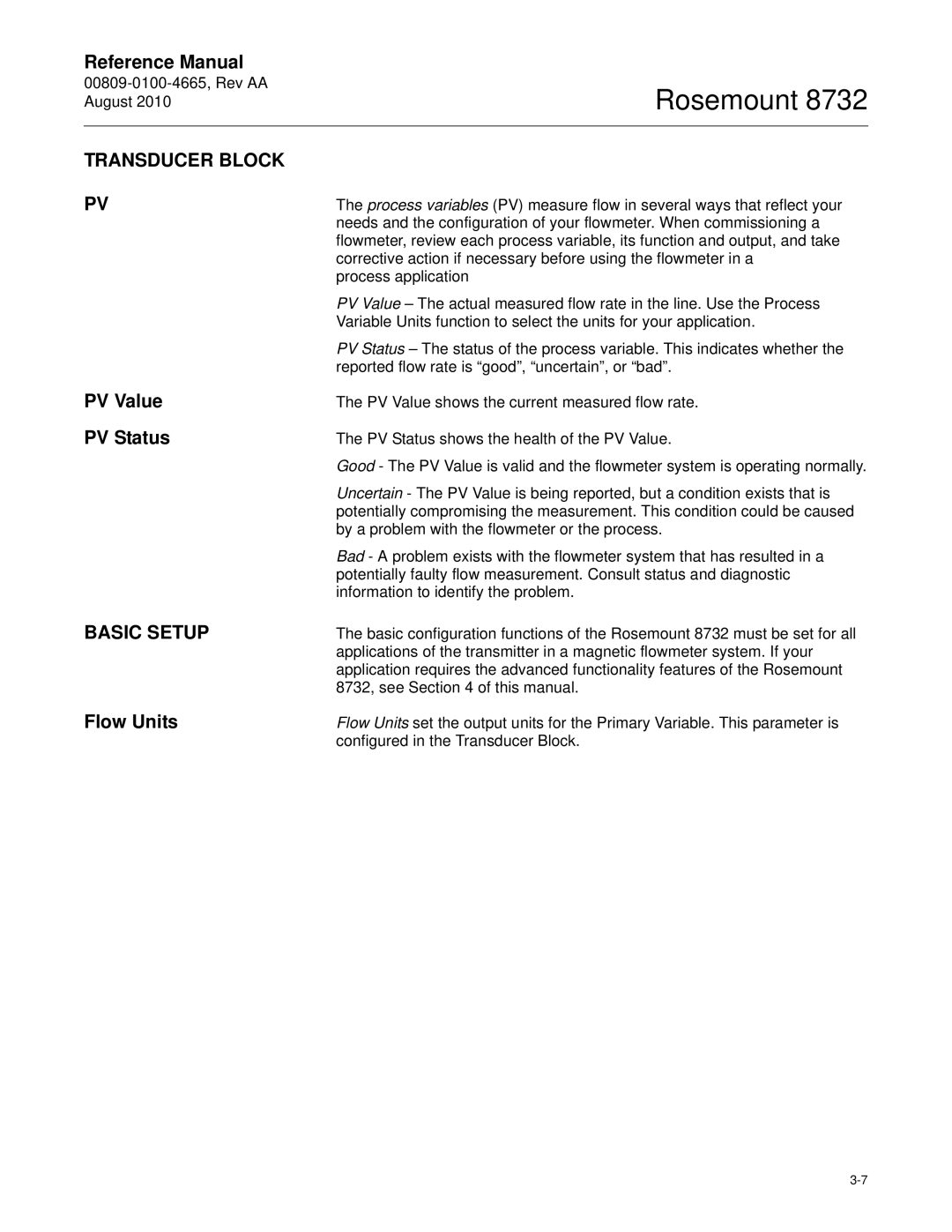 Emerson Rosemount 8732 manual Transducer Block, PV Value PV Status, Basic Setup, Flow Units 