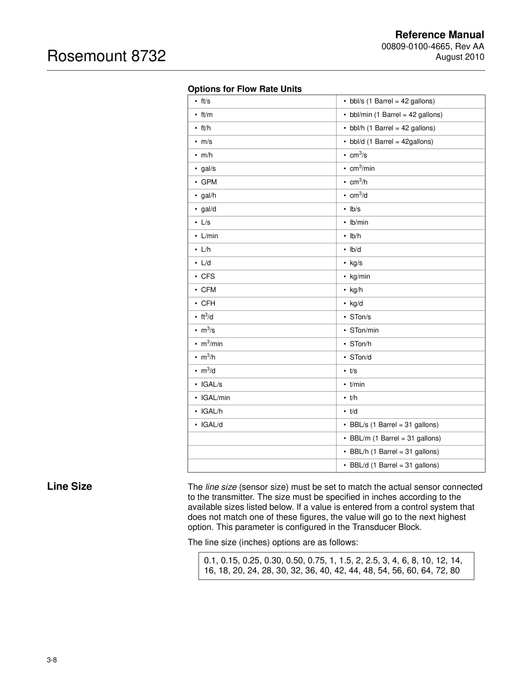 Emerson Rosemount 8732 manual Line Size, Options for Flow Rate Units 