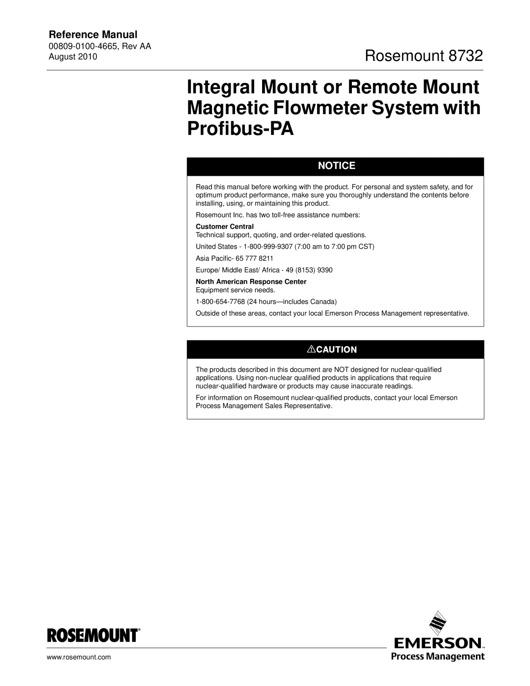 Emerson Rosemount 8732 manual Customer Central, North American Response Center 