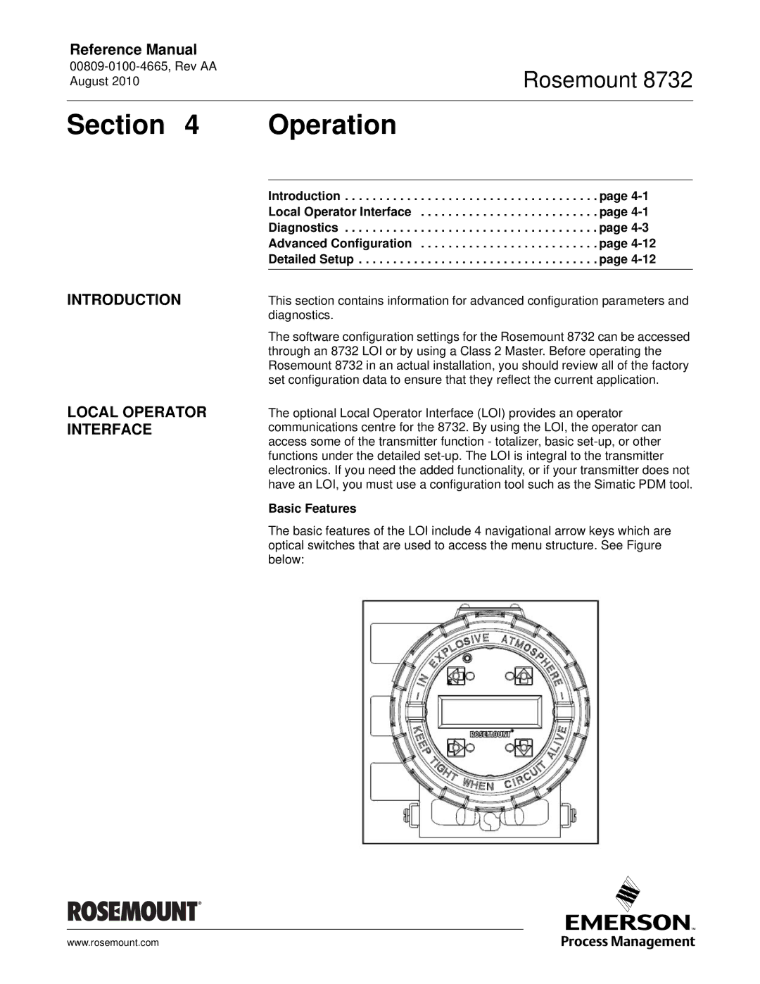 Emerson Rosemount 8732 manual Section Operation, Introduction Local Operator Interface, Basic Features 