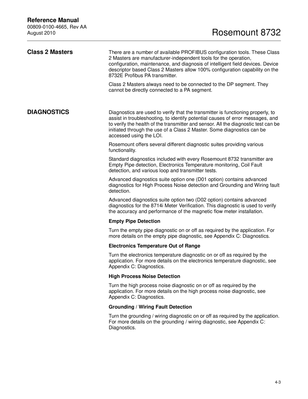 Emerson Rosemount 8732 manual Class 2 Masters, Diagnostics 
