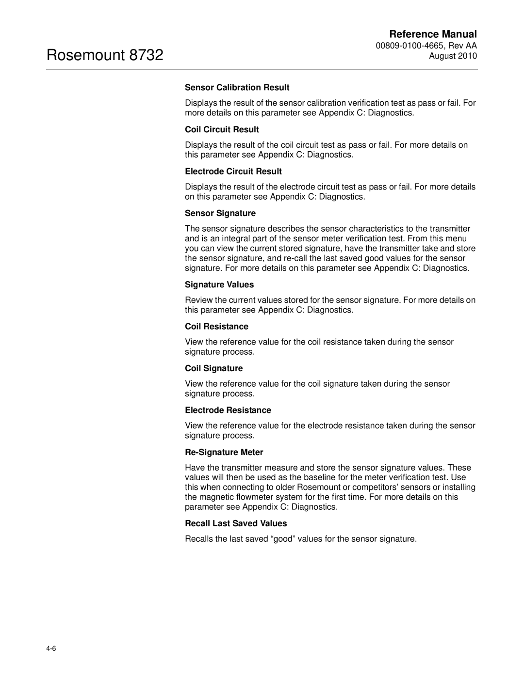 Emerson Rosemount 8732 manual Sensor Calibration Result, Coil Circuit Result, Electrode Circuit Result, Sensor Signature 