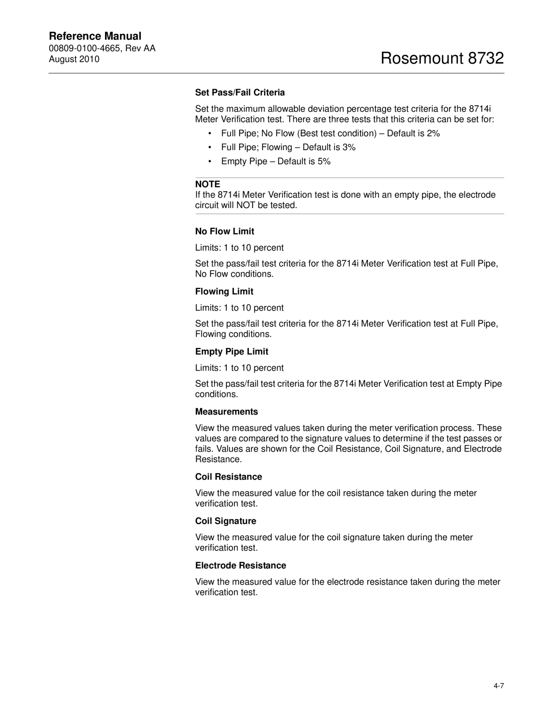 Emerson Rosemount 8732 manual Set Pass/Fail Criteria, No Flow Limit, Flowing Limit, Empty Pipe Limit, Measurements 