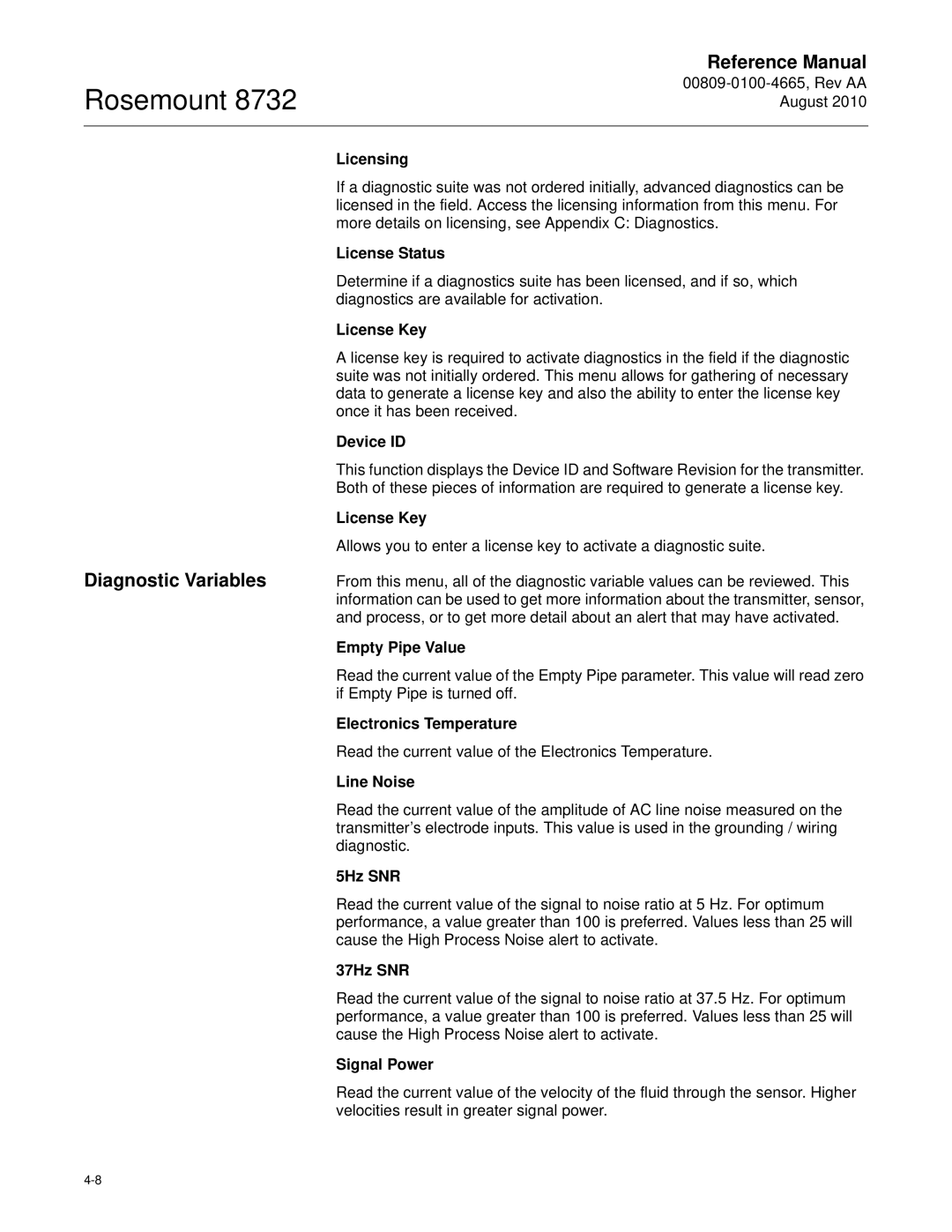 Emerson Rosemount 8732 manual Diagnostic Variables 