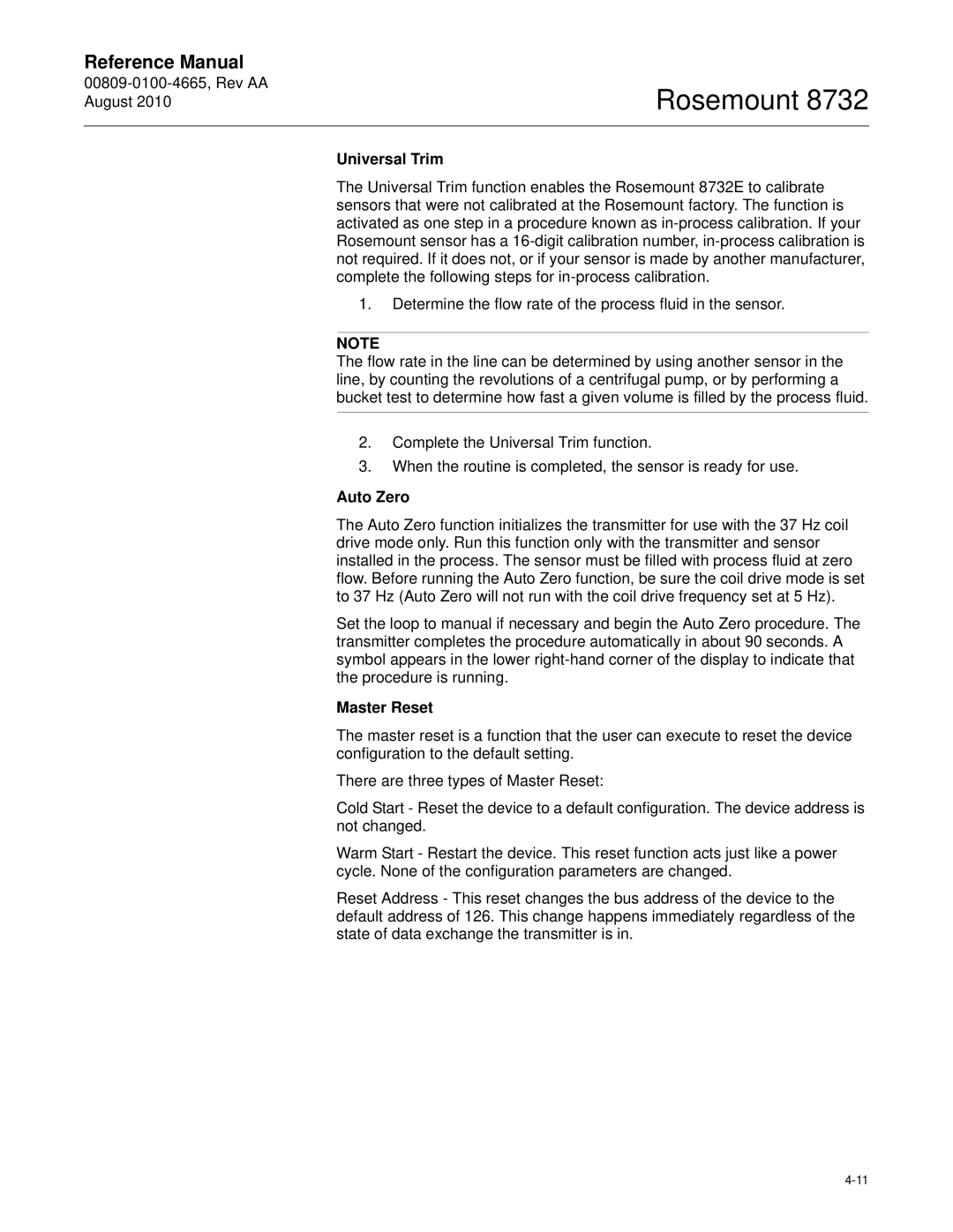 Emerson Rosemount 8732 manual Universal Trim, Auto Zero, Master Reset 