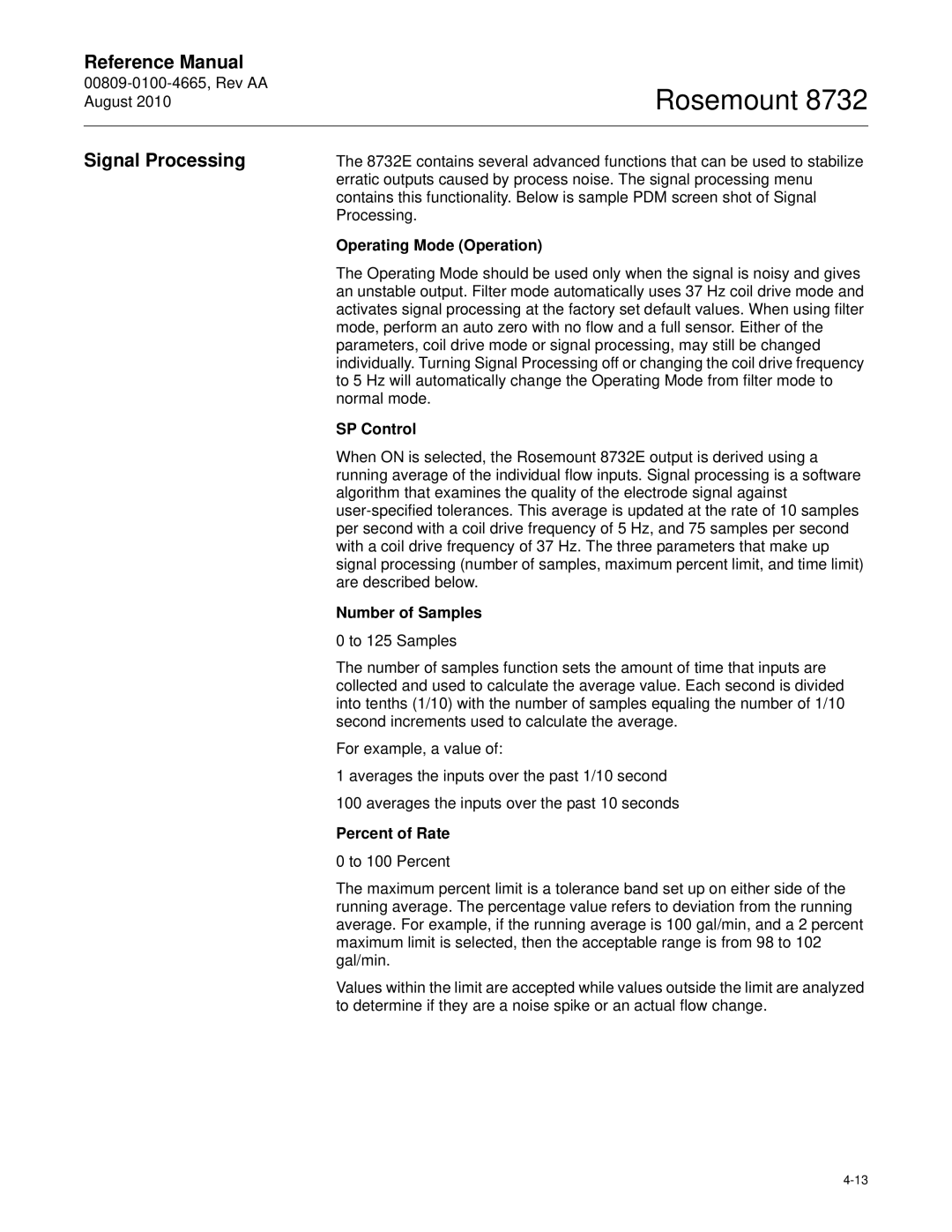 Emerson Rosemount 8732 manual Signal Processing, Operating Mode Operation, SP Control, Number of Samples, Percent of Rate 