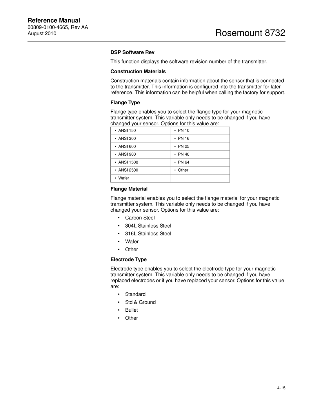 Emerson Rosemount 8732 manual DSP Software Rev, Construction Materials, Flange Type, Flange Material, Electrode Type 