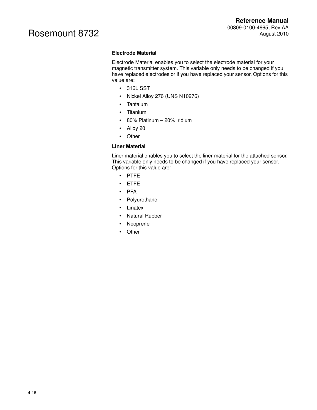 Emerson Rosemount 8732 manual Electrode Material, Liner Material 