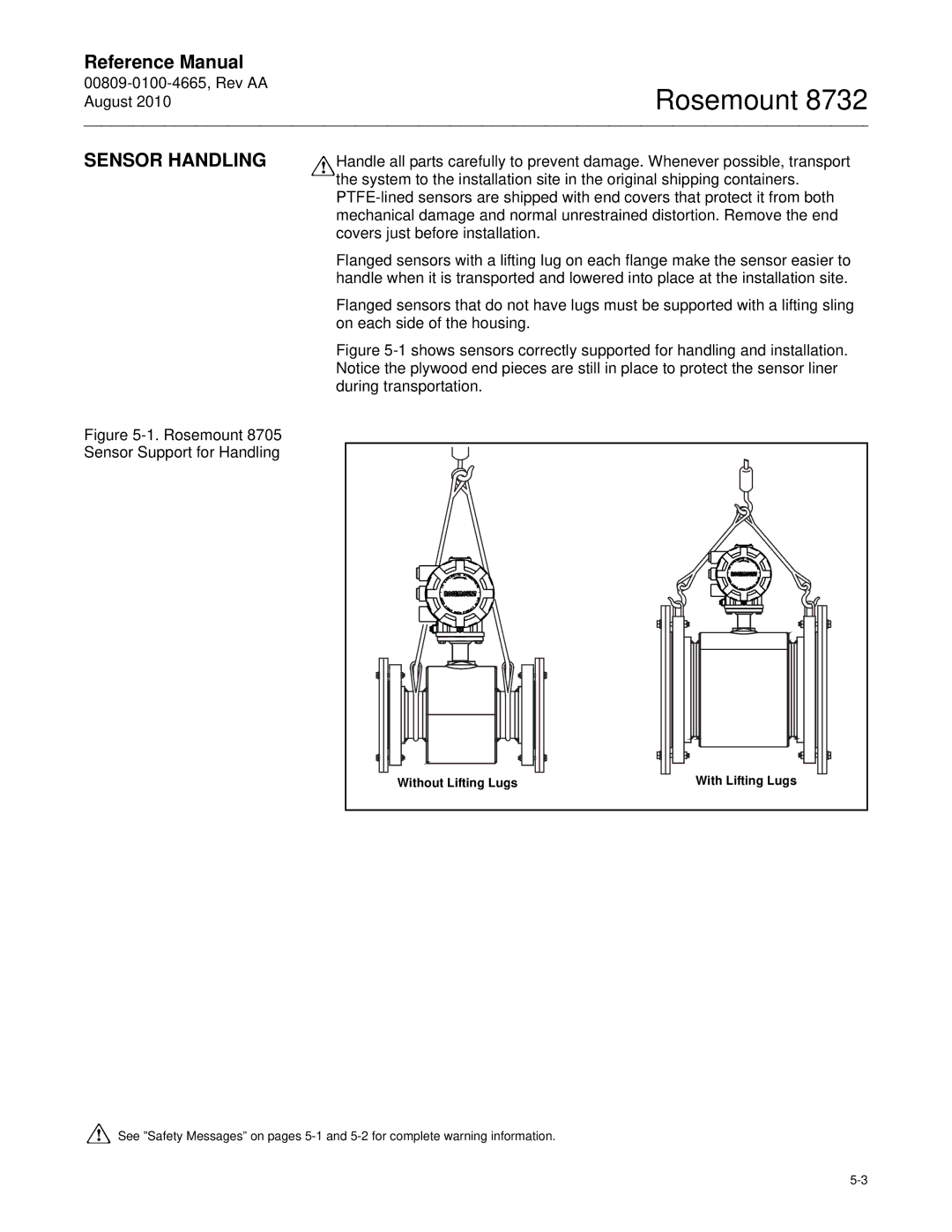 Emerson Rosemount 8732 manual Sensor Handling, Without Lifting Lugs 